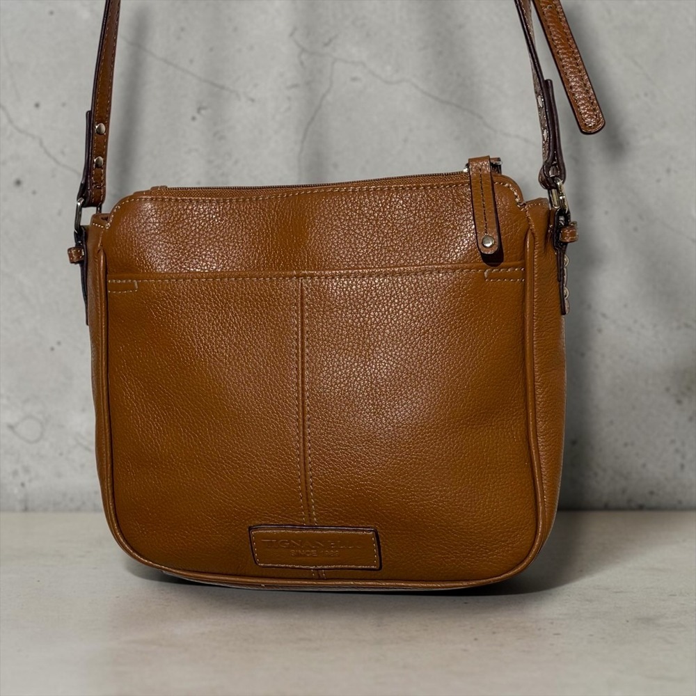 Tignanello Cognac Brown Pebbled Leather Crossbody Organizer Bag Silver Hardware